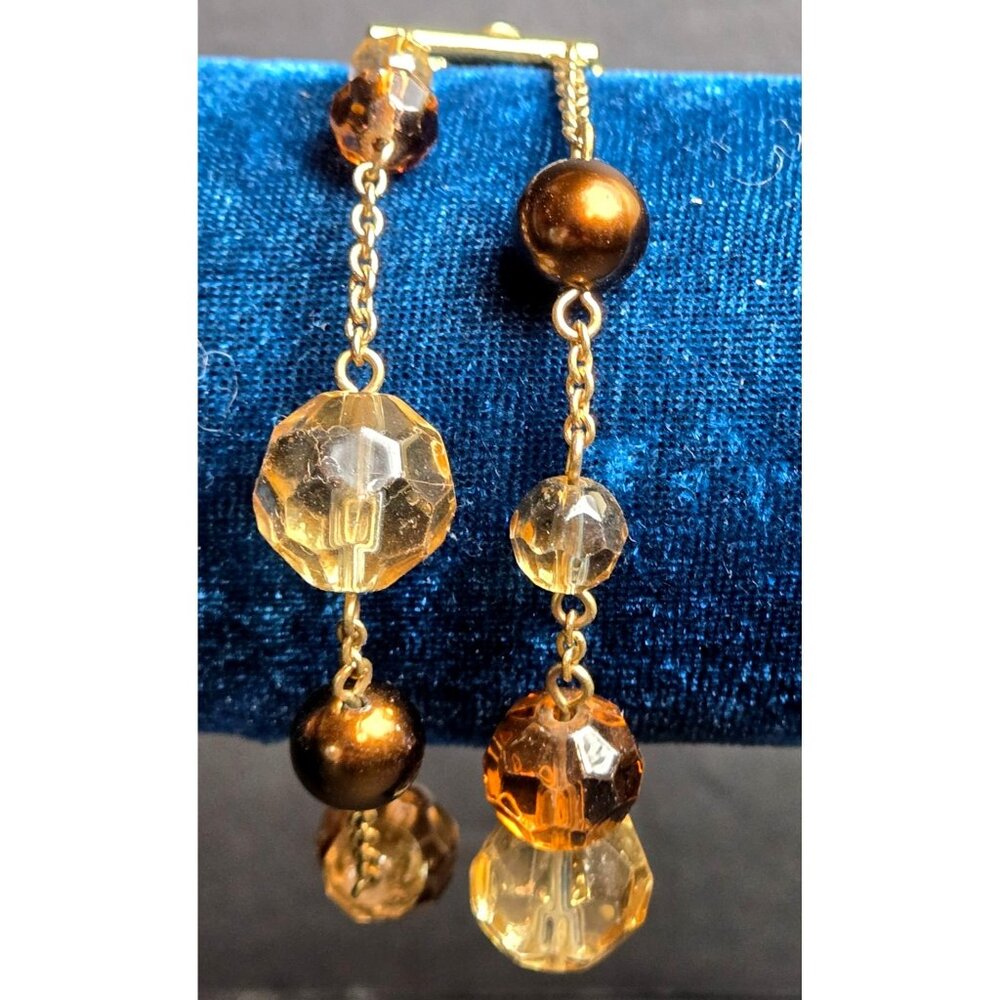 Amber & Gold Beaded Double ChainGold Tone Fashion Bracelet Lobster Clasp 8"